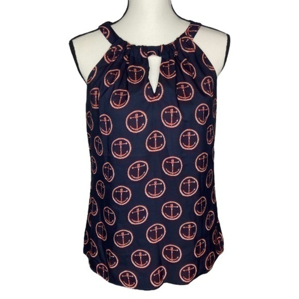 Outback Red Top‎ Nautical Anchor Print Keyhole Tie Neck Sleeveless Blouse Size S